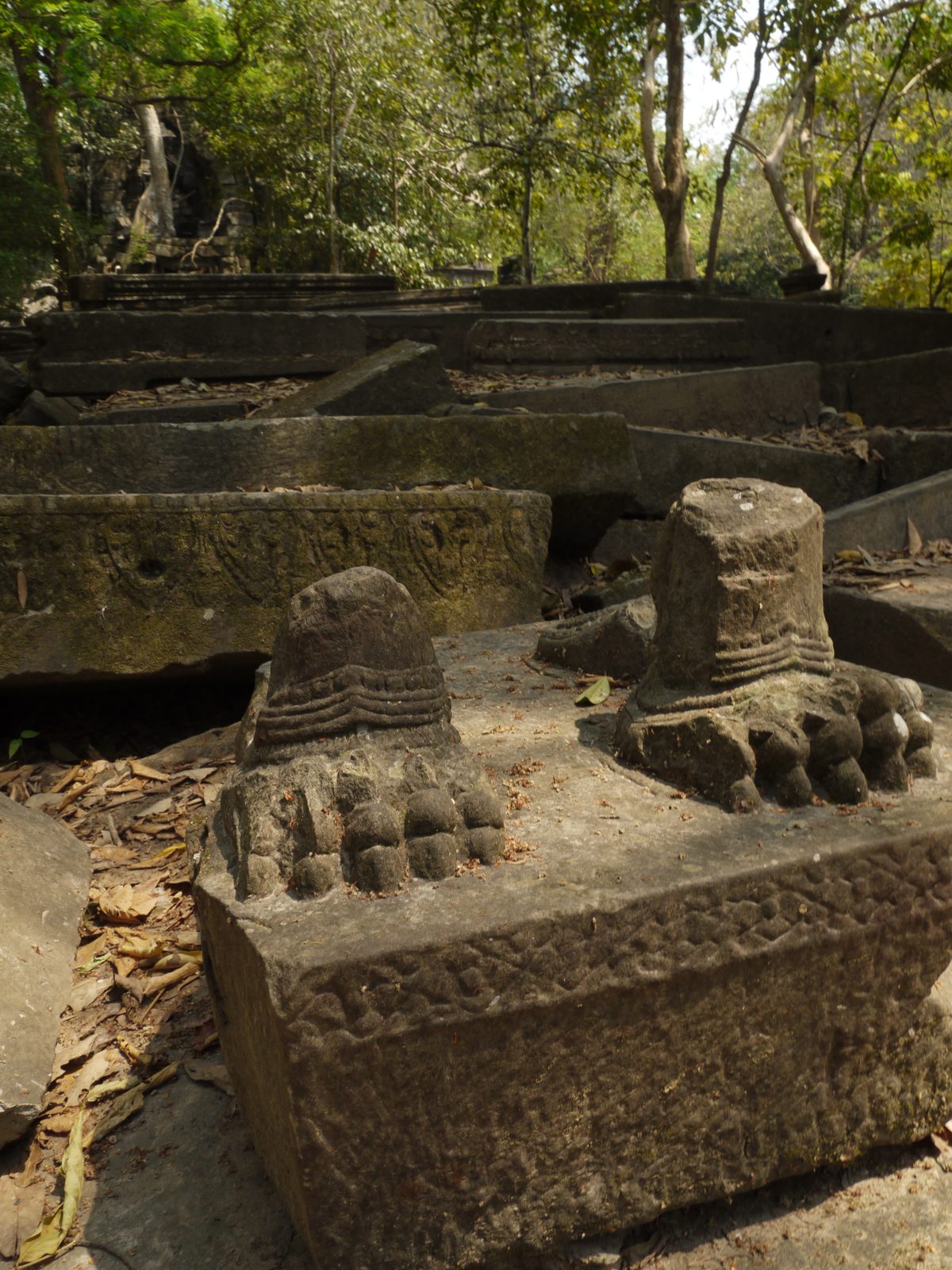 Carved stone lion-paw pedestal fragments